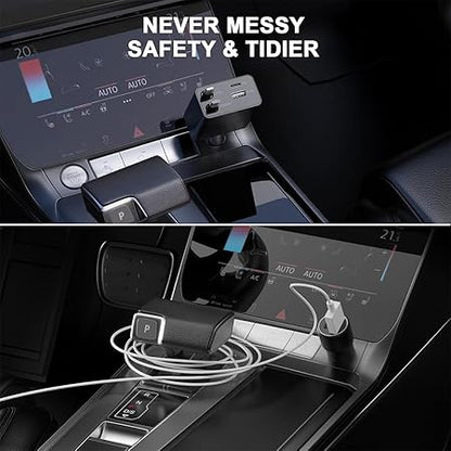 AMPERE 120W Retractable Car Charger - 4 in 1 Fast Car Charger with USB-C & Lightning Cables & Dual USB Ports (Type-C PD & USB-A)