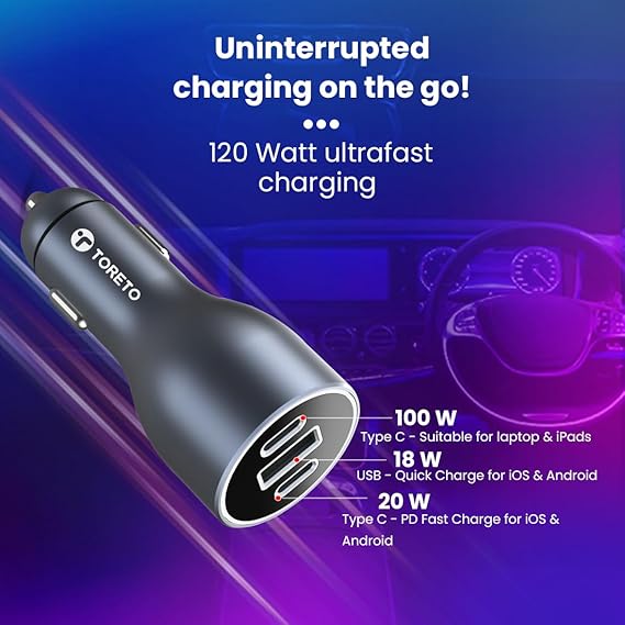 Toreto Turbo Ultra 120W Fast Charging Laptop/Mobile Car Charger (Quick Charge + PD) with 3 Ports Compatible with All Cars, Type C Cable Included(Grey)