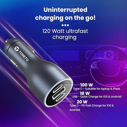 Toreto Turbo Ultra 120W Fast Charging Laptop/Mobile Car Charger (Quick Charge + PD) with 3 Ports Compatible with All Cars, Type C Cable Included(Grey)