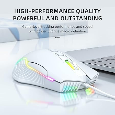 PHNIXGAM Wired Gaming Mouse, Ergonomic RGB Computer Mouse with RGB Backlight, Adjustable DPI UP to 6400, 7 Programmable Buttons for Windows Vista Linux (White)