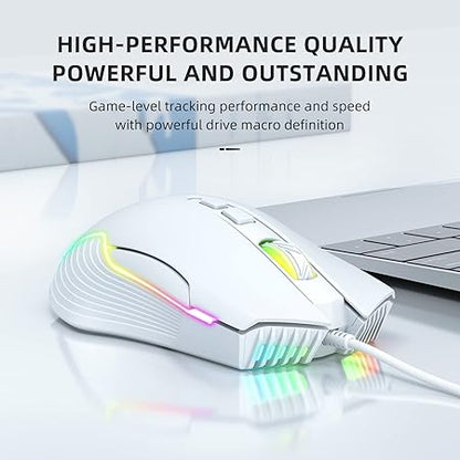 PHNIXGAM Wired Gaming Mouse, Ergonomic RGB Computer Mouse with RGB Backlight, Adjustable DPI UP to 6400, 7 Programmable Buttons for Windows Vista Linux (White)