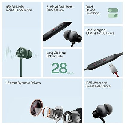 OnePlus Bullets Wireless Z2 ANC Bluetooth in Ear Earphones with Mic, 45dB Hybrid ANC, 20 Hrs Music, 28 Hrs Battery (Grand Green)