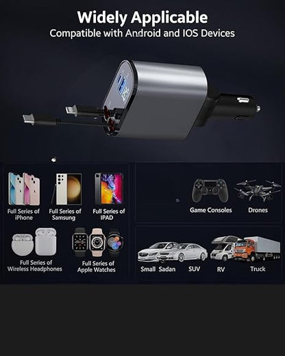 Sevenaire Retractable Car Charger, 69W Super Fast Car Charger with Cables, Type C & USB-A Ports, USB-C & Lightening Retractable Cables (80cm)