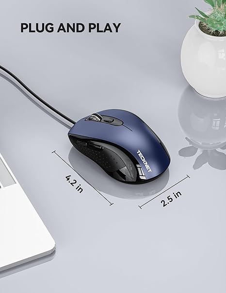 TECKNET USB Wired Mouse, 3600DPI Corded Computer Mouse with 4 Adjustable Levels, 6-Button 5FT Cord Ergonomic Mice, Home and Office Mouse for Laptop PC Desktop Notebook - Blue