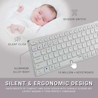 RAPOO E9050 C-Type Rechargeable Bluetooth Wireless Multi-Device (4 Devices) Keyboard for Windows/iOS/Android,Tablet/Smartphone White