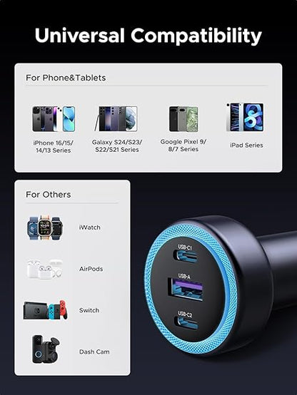 UGREEN 30W Car Charger, 3 Ports Fast Charging Cigarette Lighter Adapter, PD 30W/PPS 25W/SCP 22.5W