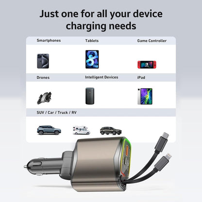 AMPERE 96W Retractable Car Charger - 4 in 1 Fast Car Charger with USB-C & Lightning Cables & Dual USB Ports (Type-C PD & USB-A)