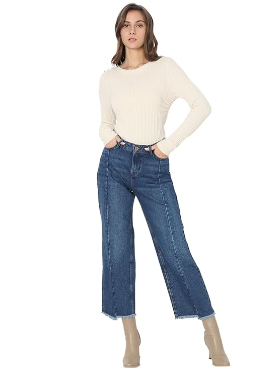 VERO MODA Women Straight Fit High-Rise Light Fade Pure Cotton Cropped Jeans