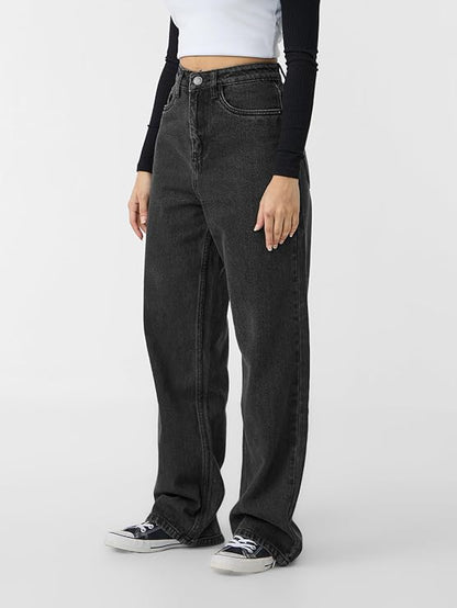 The Souled Store Solids: Charcoal Women and Girls Buttoned Cotton Straight Fit Jeans