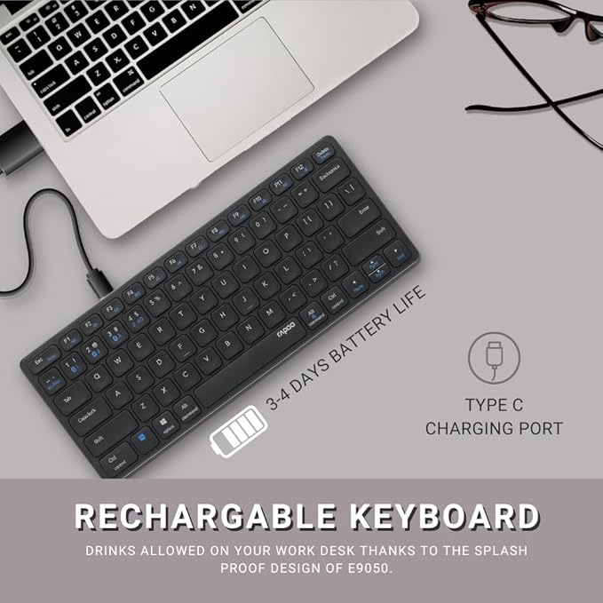 Rapoo E9050 C-Type Rechargeable Bluetooth Wireless Multi-Device (4 Devices) Keyboard for Windows/iOS/Android,Tablet/Smartphone Dark Grey
