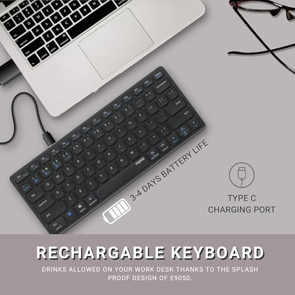 Rapoo E9050 C-Type Rechargeable Bluetooth Wireless Multi-Device (4 Devices) Keyboard for Windows/iOS/Android,Tablet/Smartphone Dark Grey