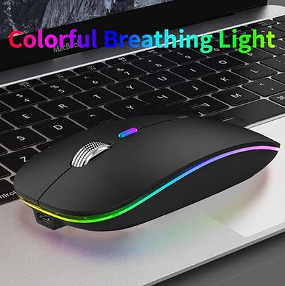 Uiosmuph LED Wireless Mouse, G12 Slim Rechargeable Wireless Silent Mouse, 2.4G Portable USB Optical Wireless Computer Mice with USB Receiver and Type C Adapter (Matte Black)