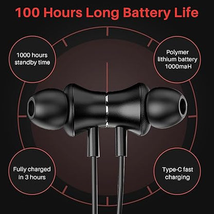 bluetooth headphones neckband, long battery life,100 Hours Playtime,IPX5 Waterproof (Black)