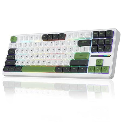 AULA F87 Wireless Mechanical Keyboard | 75% TKL Gasket Custom Hot Swappable, 2.4Ghz/Type-C/Bluetooth Gaming Keyboard | Pre-lubed Switch RGB Backlit Keyboard (Green+White, Gray Wood Switch)