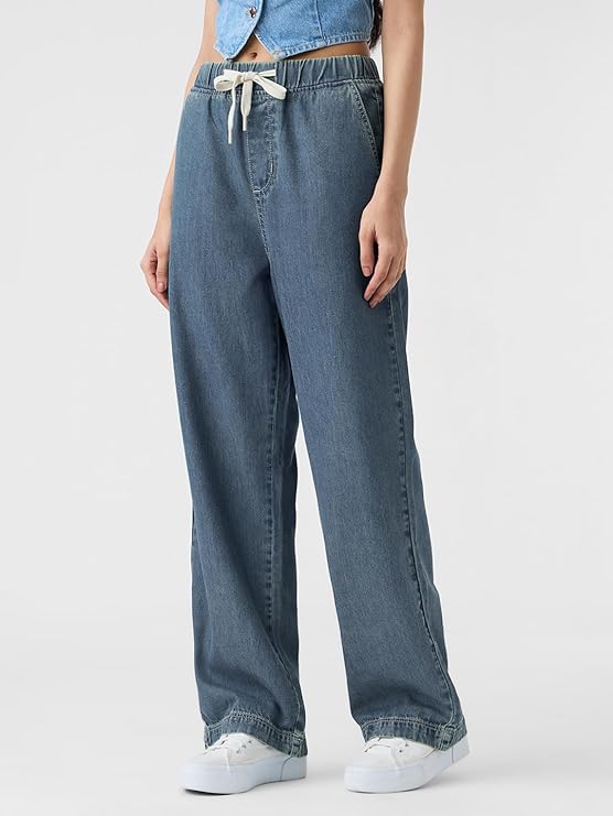 The Souled Store Pull on Denim: Mid Blue Women and Girls Drawstringed Solid Cotton Blend Straight Fit Jeans
