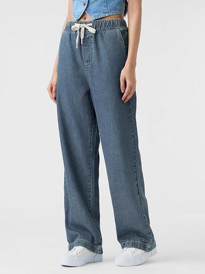 The Souled Store Pull on Denim: Mid Blue Women and Girls Drawstringed Solid Cotton Blend Straight Fit Jeans