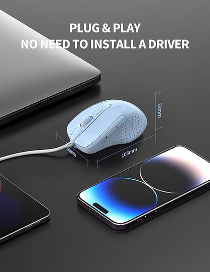 TECKNET Wired Mouse, 6-Button Corded with 4 Adjustable DPI, Optical Mouse with Ergonomic Design and 5FT Cord for Laptop, Chromebook, PC, Desktop, Mac, Notebook - LT.Blue