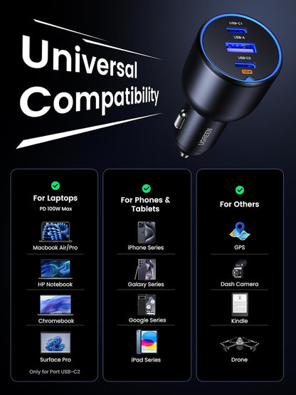 UGREEN 130W Laptop USB C Car Charger Fast Charging, 3 Ports Cigarette Lighter Adapter, PD3.0/QC4.0/PPS 45W (Black)