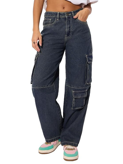 The Souled Store Cargo Jeans: Deep Blue Women and Girls Buttoned Cotton Blend Baggy Fit Jeans