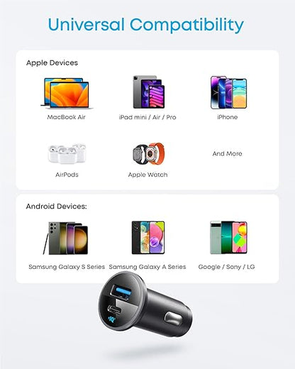 Anker 323 Car Charger 52.5W with PowerIQ 3.0 Ultra-Compact Dual-Port USB-C Fast Charing, Charge 2 devices simultaneously