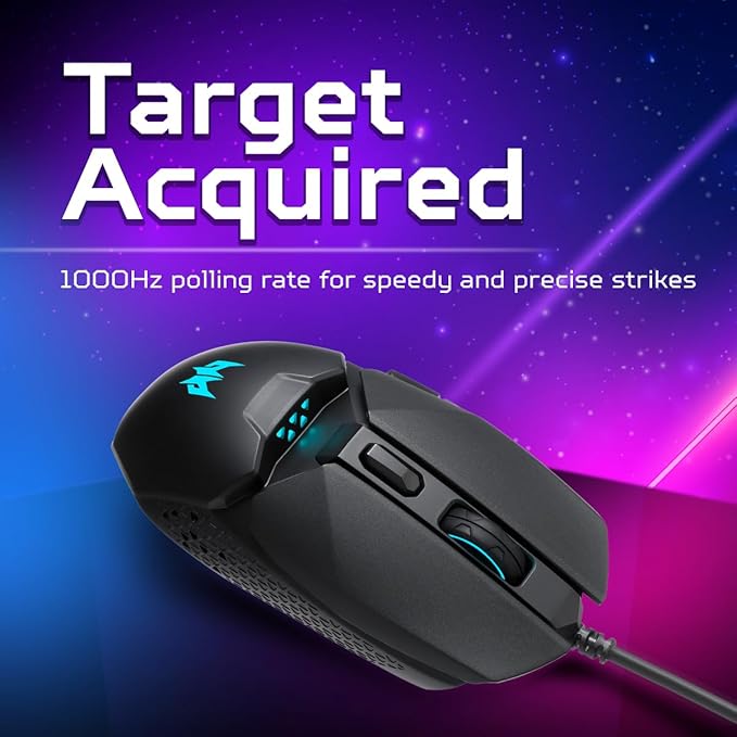 Acer Predator Cestus 327 Multi-Grip Design Wired Gaming Mouse (8000 DPI/150 IPS/6 Buttons/5-level DPI Settings with 5 LED Color/ELAN OM36 Sensor/1000Hz Polling Rate) with 20M Click Lifespan, Black