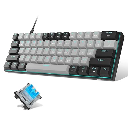 MageGee 60 Percent Mechanical Gaming Keyboard,Mixed Color Keycaps Gaming Keyboard with Blue Switches,Detachable Type-C Cable Mini Keyboard with Powder Blue Light