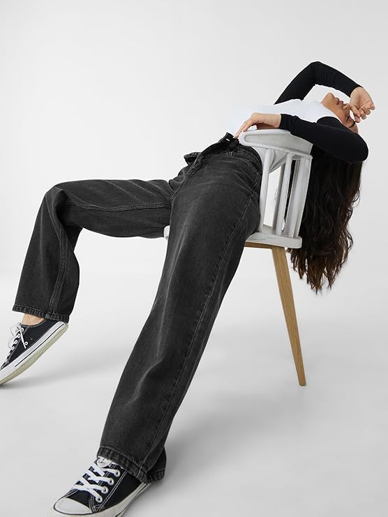 The Souled Store Solids: Charcoal Women and Girls Buttoned Cotton Straight Fit Jeans