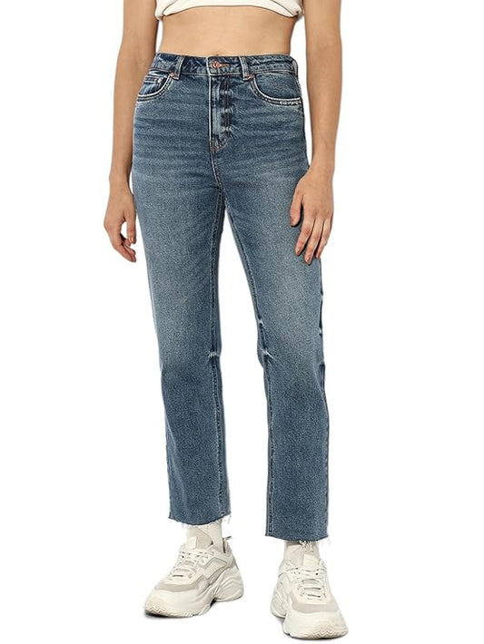ONLY Women's Straight Fit High Rise Faded Jeans | Mom Jeans for Women