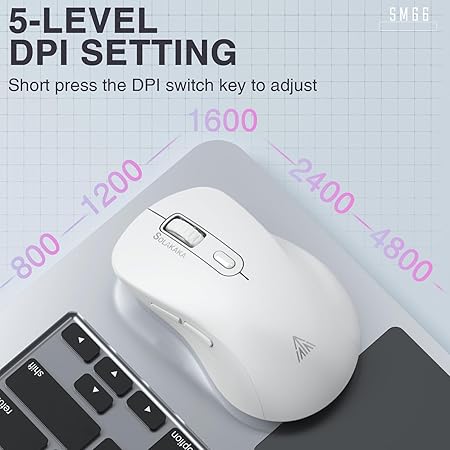 SOLAKAKA SM66 White Silent Dual Mode 2.4GHz Wireless Mouse, Adjustable 4800 DPI, Rechargeable Computer Mouse for PC, Mac, Laptop, Desktop