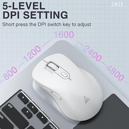 SOLAKAKA SM66 White Silent Dual Mode 2.4GHz Wireless Mouse, Adjustable 4800 DPI, Rechargeable Computer Mouse for PC, Mac, Laptop, Desktop