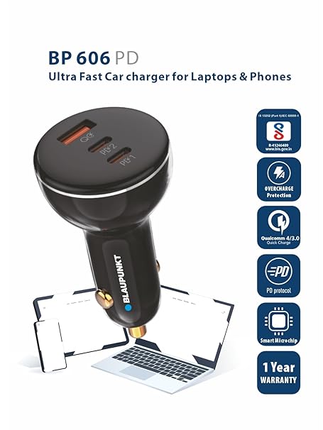 Blaupunkt Bp 606 Pd 160 Watts Ultra Fast Car Charger for Laptops & Phones - USB, Black