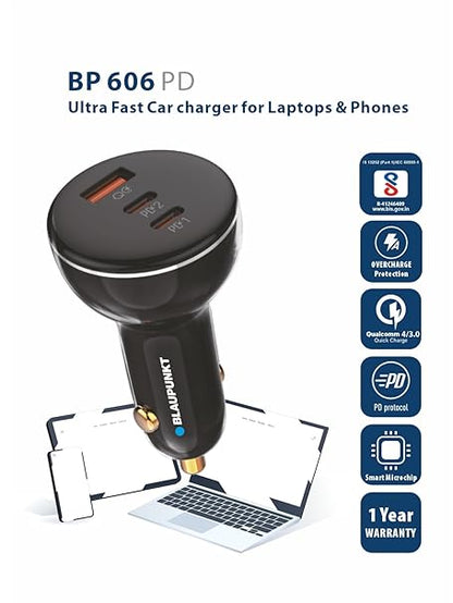Blaupunkt Bp 606 Pd 160 Watts Ultra Fast Car Charger for Laptops & Phones - USB, Black