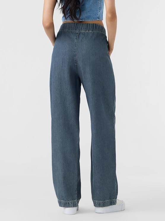 The Souled Store Pull on Denim: Mid Blue Women and Girls Drawstringed Solid Cotton Blend Straight Fit Jeans