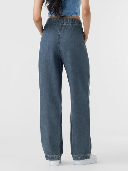 The Souled Store Pull on Denim: Mid Blue Women and Girls Drawstringed Solid Cotton Blend Straight Fit Jeans
