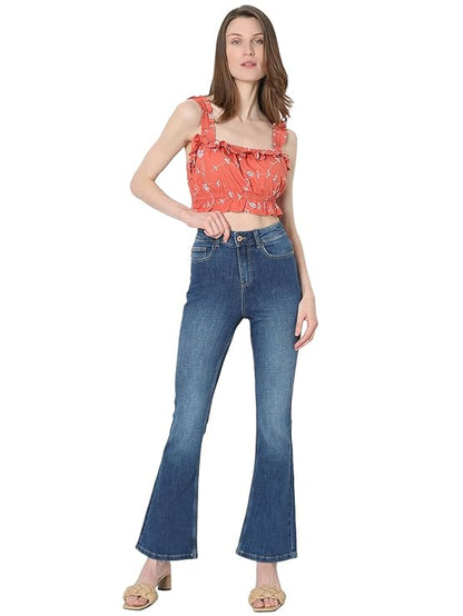 VERO MODA Women High Rise High Waist Bootcut Flared Jeans | Wide Leg Bell Bottom Denim | Stretchy & Stylish Retro Look