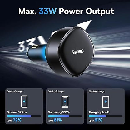 USB C Car Charger, Baseus Retractable Type C Car Charger 2-in-1 Car Charger 33W, Fast Car Charger Adapter
