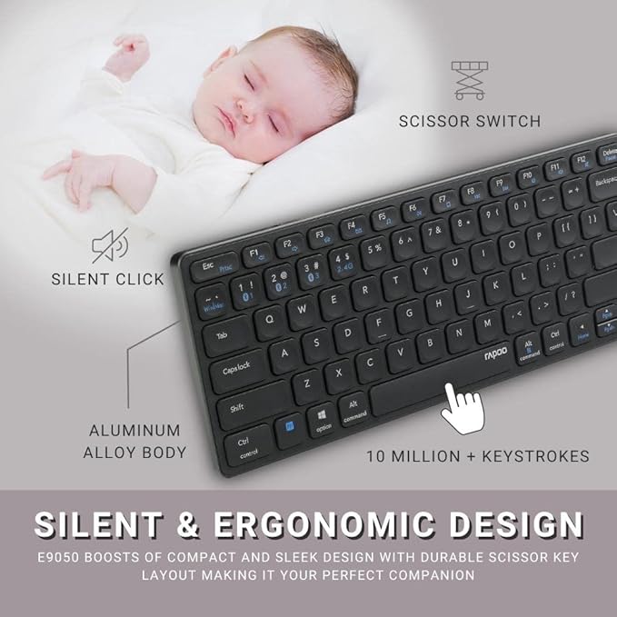 Rapoo E9050 C-Type Rechargeable Bluetooth Wireless Multi-Device (4 Devices) Keyboard for Windows/iOS/Android,Tablet/Smartphone Dark Grey