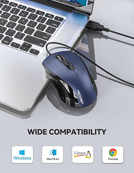 TECKNET USB Wired Mouse, 3600DPI Corded Computer Mouse with 4 Adjustable Levels, 6-Button 5FT Cord Ergonomic Mice, Home and Office Mouse for Laptop PC Desktop Notebook - Blue