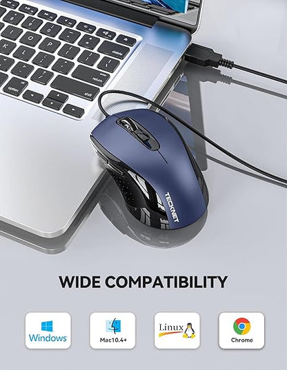 TECKNET USB Wired Mouse, 3600DPI Corded Computer Mouse with 4 Adjustable Levels, 6-Button 5FT Cord Ergonomic Mice, Home and Office Mouse for Laptop PC Desktop Notebook - Blue