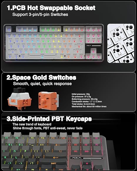 AULA F87 Wireless Side Engraved Keycaps Mechanical Keyboard | Tri-Mode BT5.0/2.4GHz/USB-C Gasket Hot Swappable | Pre-lubed Switches, 75% TKL RGB Gaming Keyboard (Gradient Gray, Space Crystal Switch)