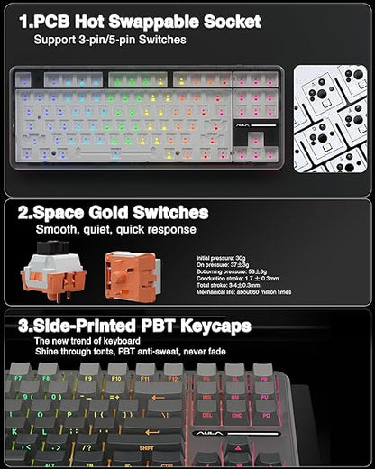 AULA F87 Wireless Side Engraved Keycaps Mechanical Keyboard | Tri-Mode BT5.0/2.4GHz/USB-C Gasket Hot Swappable | Pre-lubed Switches, 75% TKL RGB Gaming Keyboard (Gradient Gray, Space Crystal Switch)