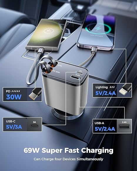 Sevenaire Retractable Car Charger, 69W Super Fast Car Charger with Cables, Type C & USB-A Ports, USB-C & Lightening Retractable Cables (80cm)