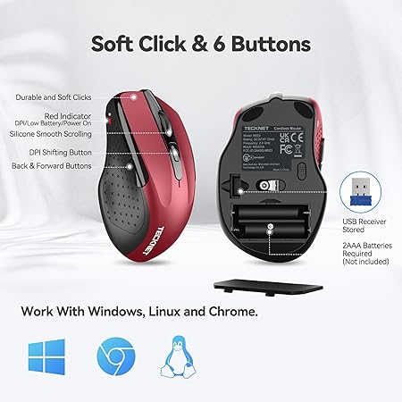 Tecknet M003 2.4G Ergonomic Wireless Mobile Optical Mouse with USB Nano Receiver (Red)