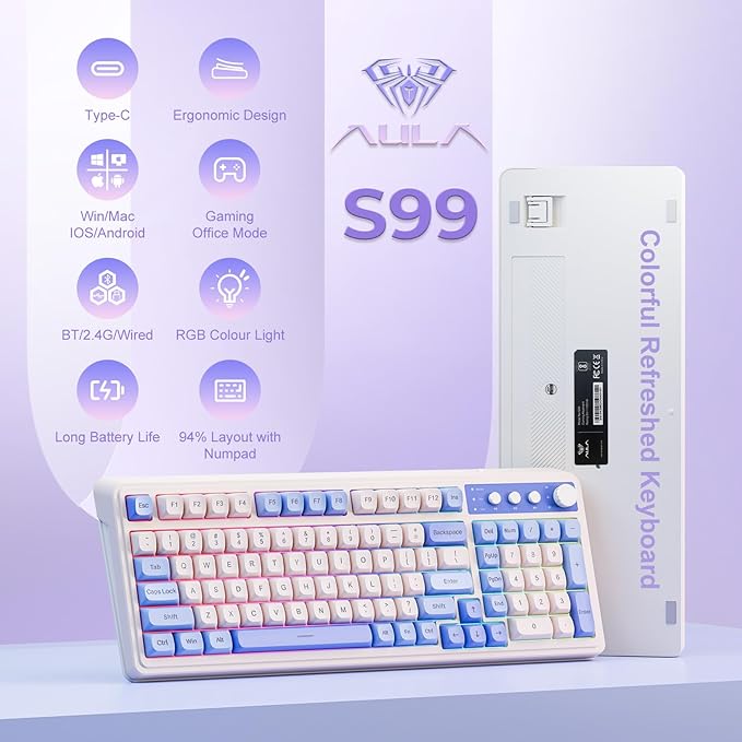 AULA S99 3 in 1 World's First Silicon Membrane Gaming Keyboard | Bluetooth/2.4GHz/USB-C Balls Keycap Keybaord with Knob | Programmable RGB Backlit Gaming Keyboard for PC/Xbox/PS5 (Purple)