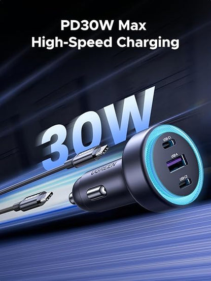 UGREEN 30W Car Charger, 3 Ports Fast Charging Cigarette Lighter Adapter, PD 30W/PPS 25W/SCP 22.5W