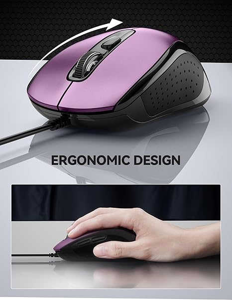 TECKNET USB Wired Mouse, 3600DPI Corded Computer Mouse with 4 Adjustable Levels, 6-Button 5FT Cord Ergonomic Mice, Home and Office Mouse for Laptop PC Desktop Notebook - Purple