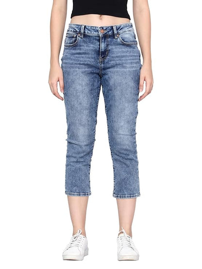 HAPPENING Plus Size Women -Curvy Slim Fit Stretch Denim Capri/Cropped Jeans- MID Rise -Above Ankle-Mid Blue - Waist Size 30(M) / 48(8XL) inch