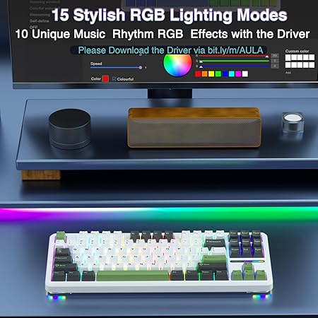 AULA F87 Wireless Mechanical Keyboard | 75% TKL Gasket Custom Hot Swappable, 2.4Ghz/Type-C/Bluetooth Gaming Keyboard | Pre-lubed Switch RGB Backlit Keyboard (Green+White, Gray Wood Switch)