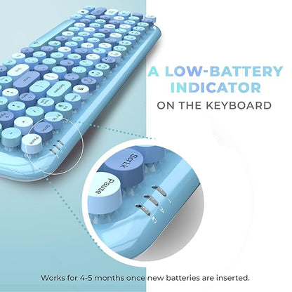 iGear KeyBee Retro Typewriter Inspired 2.4GHz Wireless Keyboard with Mouse Combo for Desktop/Laptop and Devices with USB Support, Single Nano Receiver, Round Keycaps, Cleaning Brush (White) (Blue)