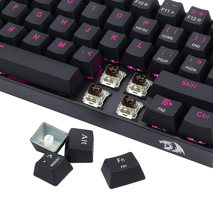 Redragon K630 Dragonborn 60% Wired Pink Single Lighting Gaming Keyboard, 61 Keys Compact Mechanical Keyboard with Brown Switch, Pro Driver Support, Black